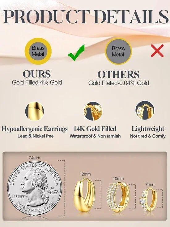 Small 14K Gold Plated Chunky Hoop Earrings for Women Hypoallergenic Silver Earri - Picture 7 of 9